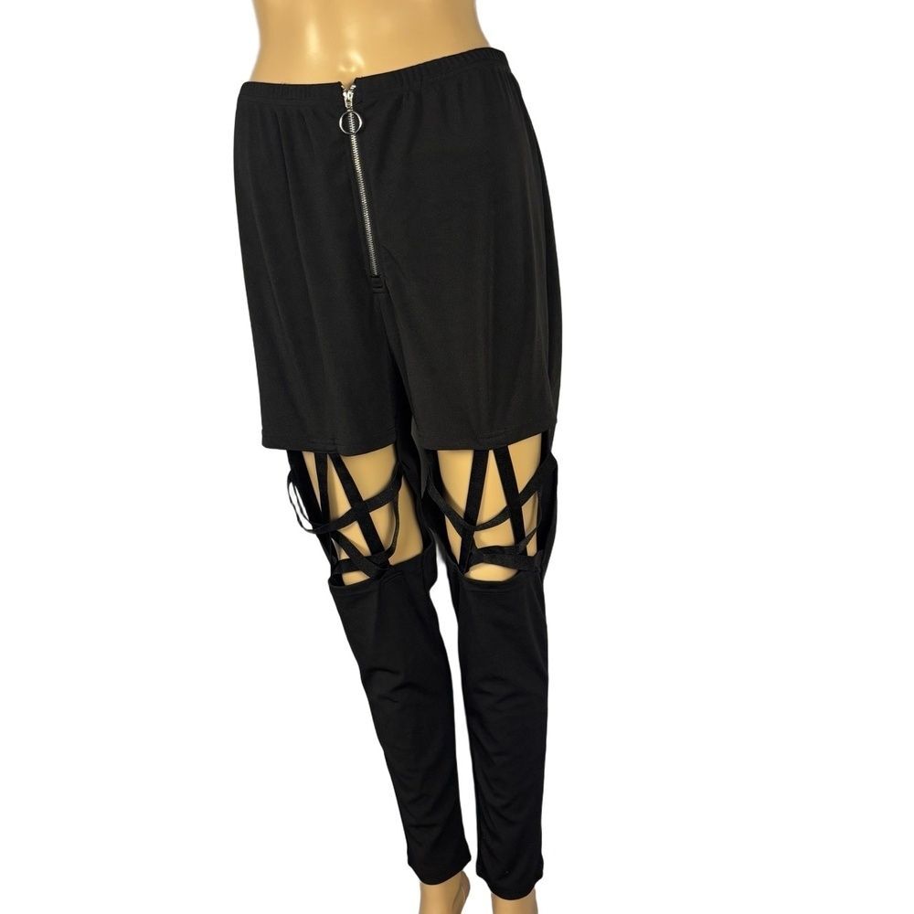 Black Cutout Pants Womens OXL Plus Size Zip Front Strappy Gothic SHEIN Curve - Picture 6 of 14